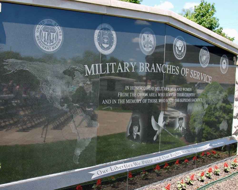 Military Branches Wall at the Orion Veterans Memorial